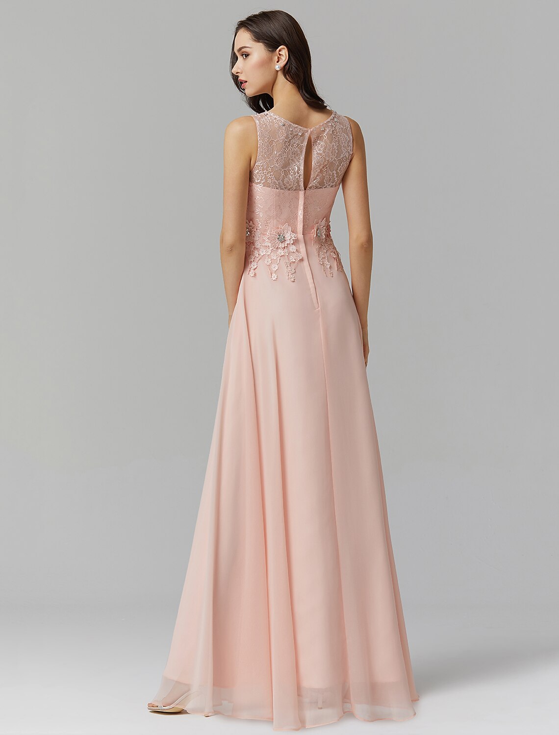 Wholesale  A-Line Empire Dress Wedding Guest Prom Floor Length Sleeveless Illusion Neck Bridesmaid Dress Chiffon with Beading Appliques